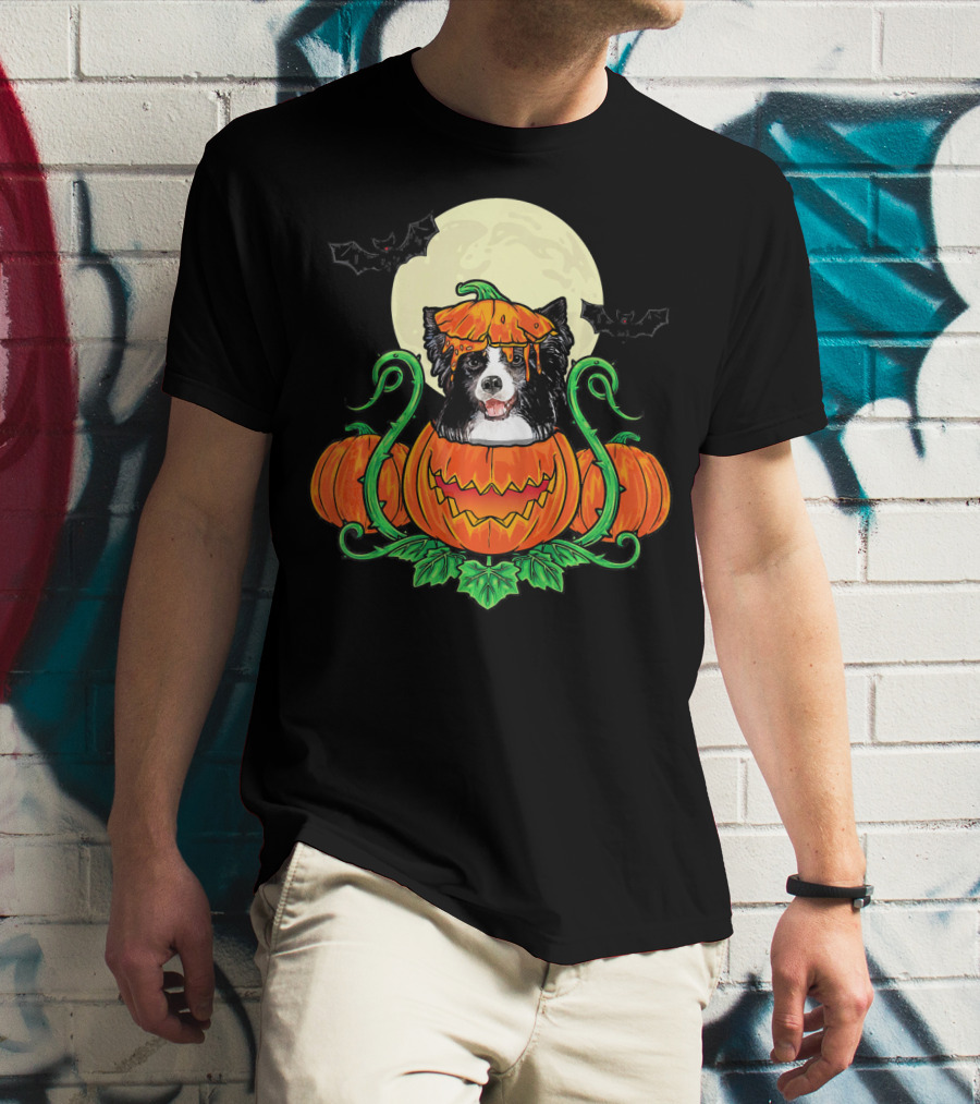 Border Collie Halloween Pumpkin Full Moon With Bats T-Shirt