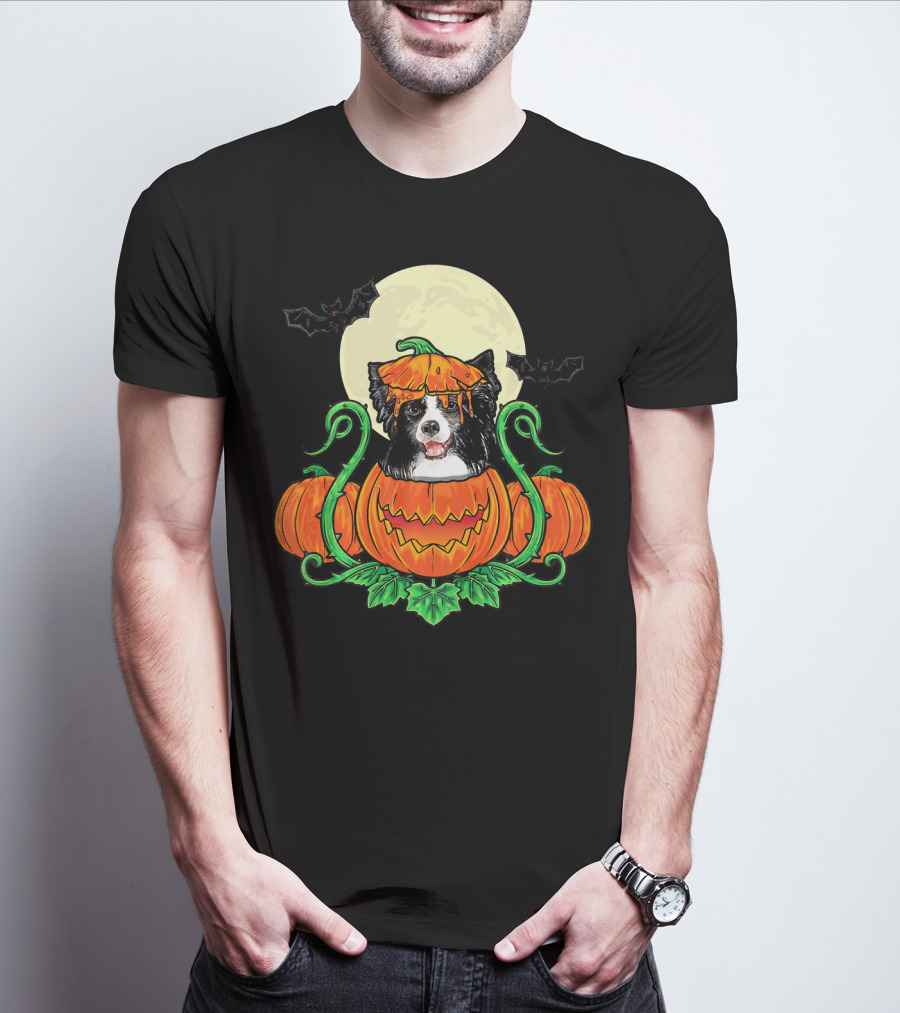 Border Collie Halloween Pumpkin Full Moon With Bats T-Shirt