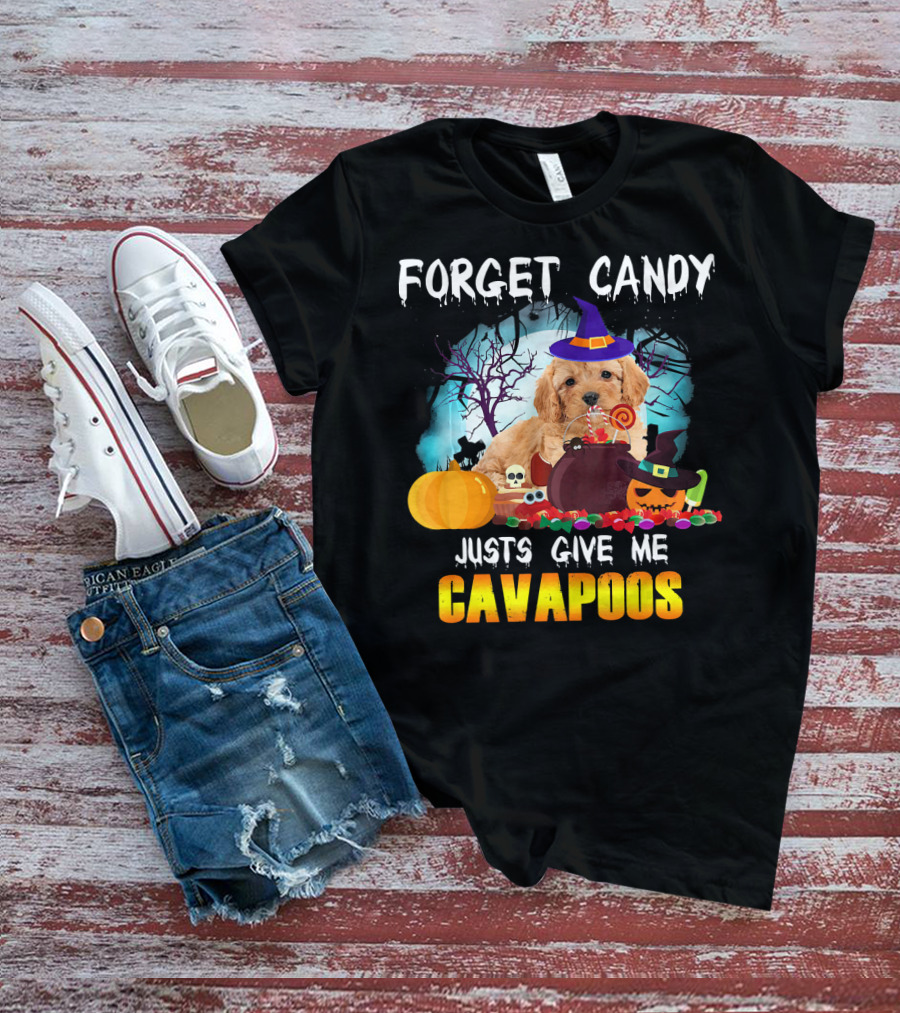 Forget Candy Just Give Me Cavapoos Halloween Puppy With Witch Hat And Pumpkins T-Shirt