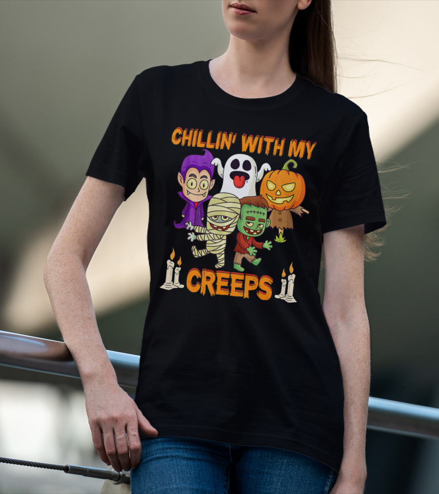 Chillin With My Creeps Ghost Mummy Frankenstein Vampire Pumpkin Candles T-Shirt