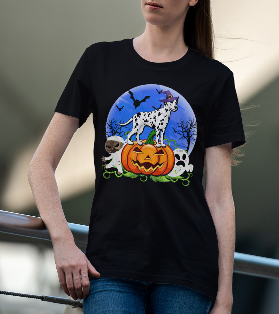 Dalmatian Pumpkin Halloween Mummy Ghost Moon Bats Trees T-Shirt