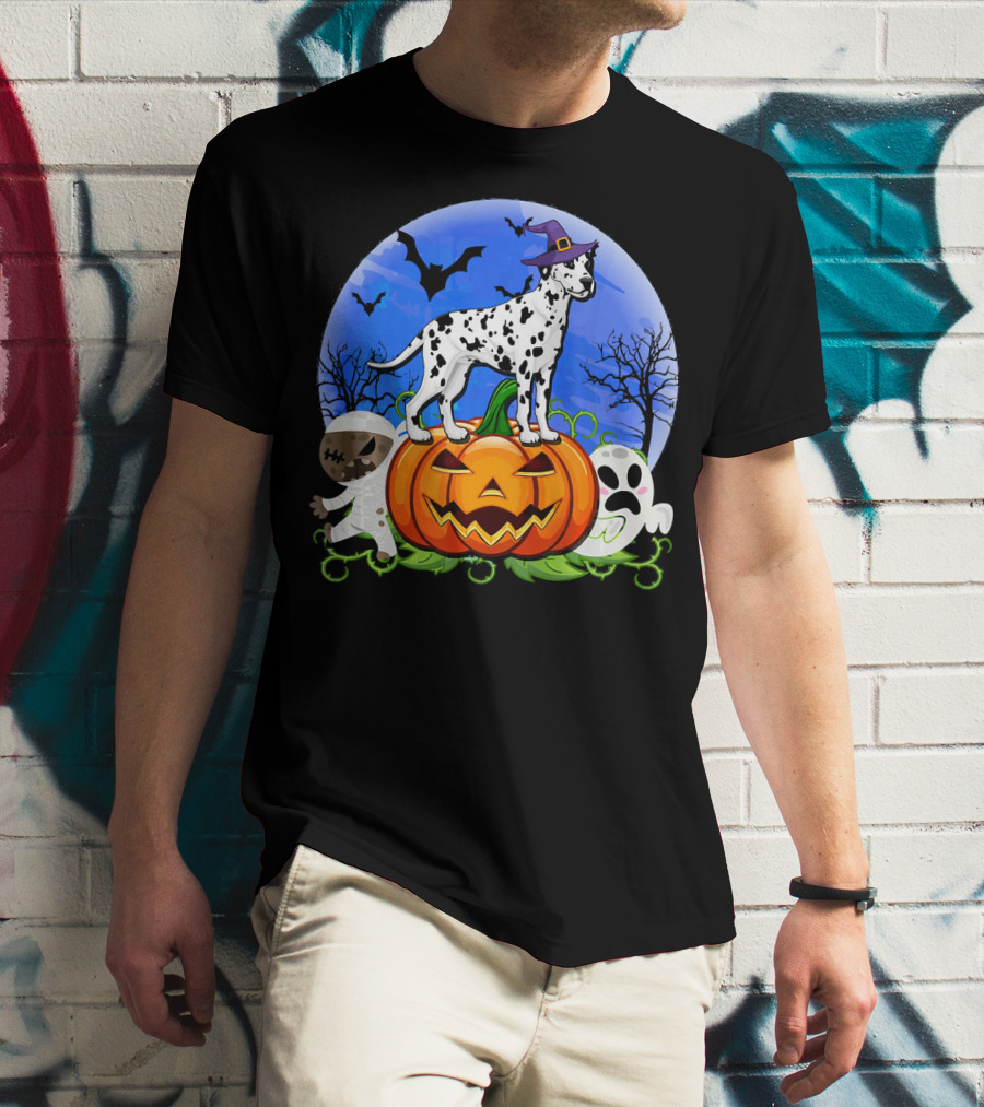 Dalmatian Pumpkin Halloween Mummy Ghost Moon Bats Trees T-Shirt