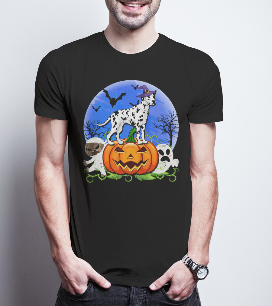 Dalmatian Pumpkin Halloween Mummy Ghost Moon Bats Trees T-Shirt