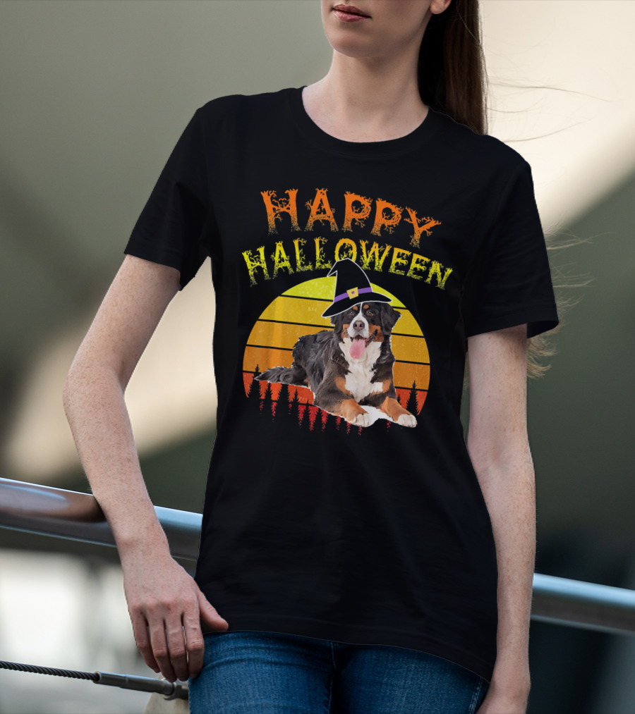 Happy Halloween Bernese Mountain Dog Lover Witch Hat Sunset T-Shirt
