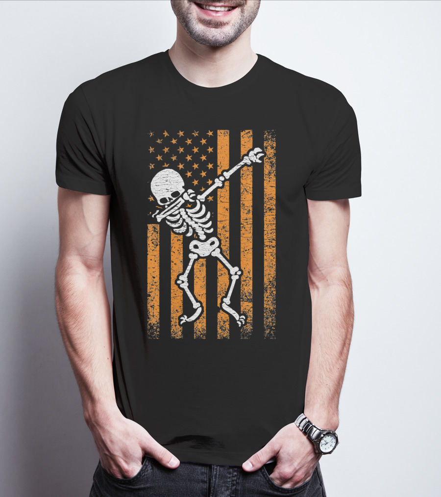 Halloween Dabbing Skeleton American Flag Retro Style Icons T-Shirt