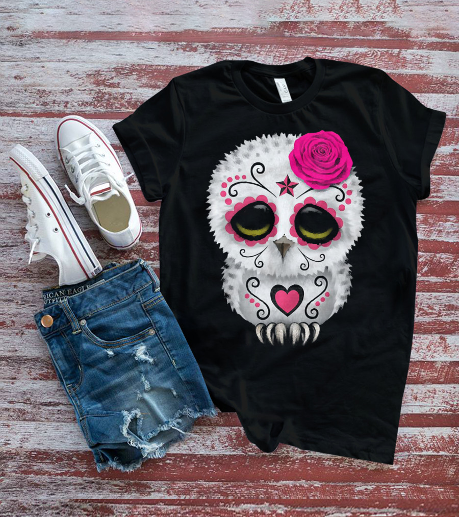 Owl Sugar Skull With Pink Rose And Heart Motif T-Shirt