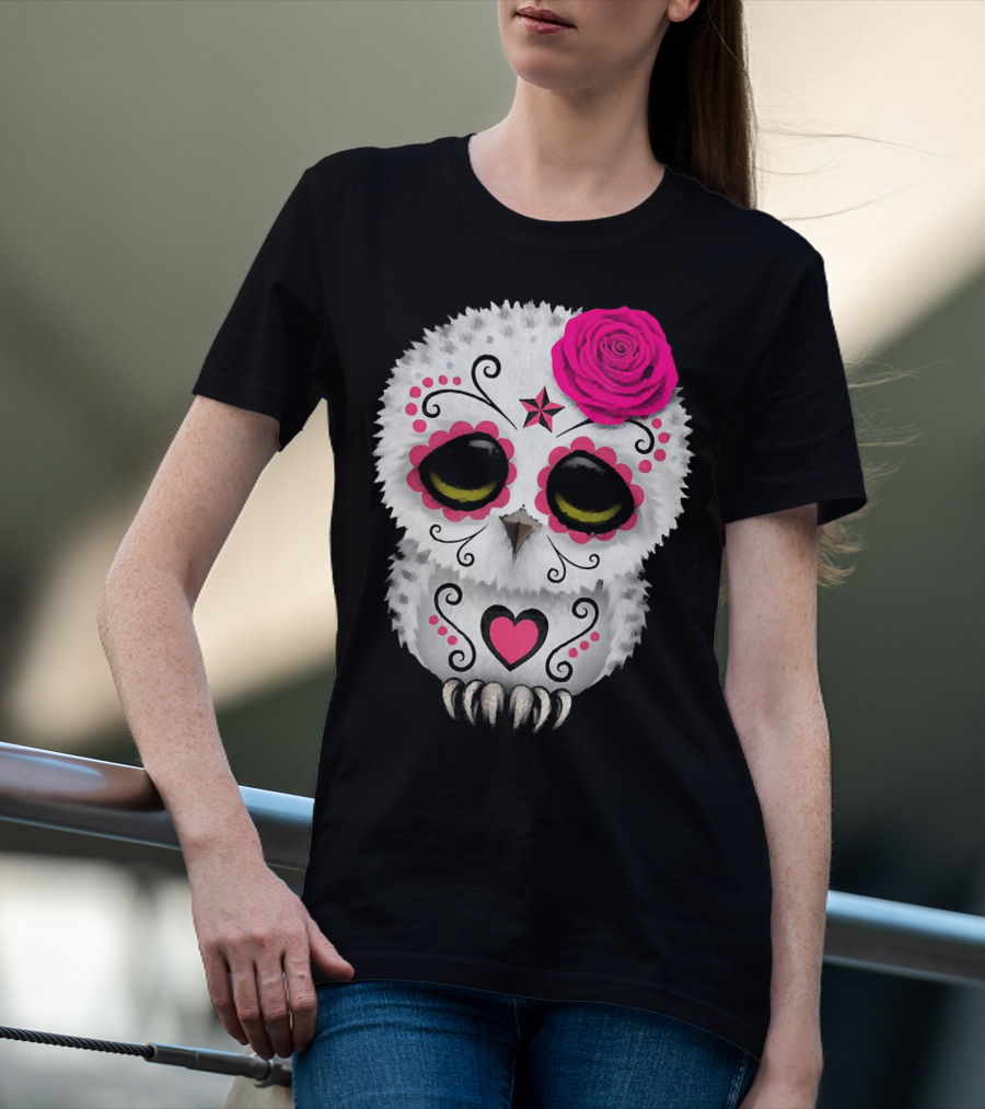 Owl Sugar Skull With Pink Rose And Heart Motif T-Shirt