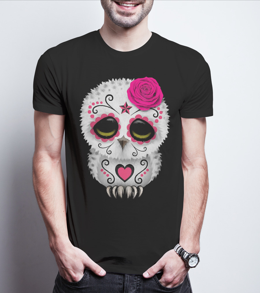 Owl Sugar Skull With Pink Rose And Heart Motif T-Shirt