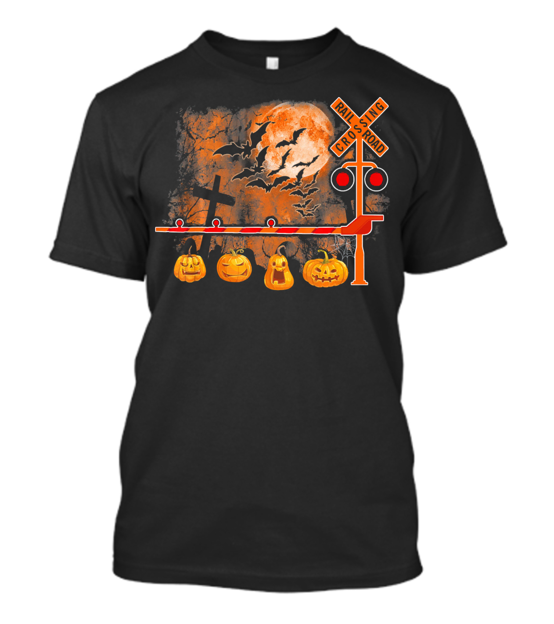 Halloween Railroad Crossing Sign With Pumpkins And Bats T-Shirt