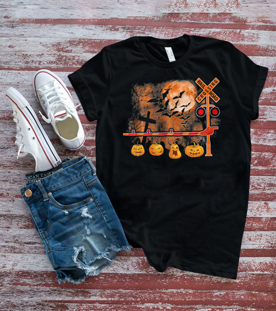 Halloween Railroad Crossing Sign With Pumpkins And Bats T-Shirt