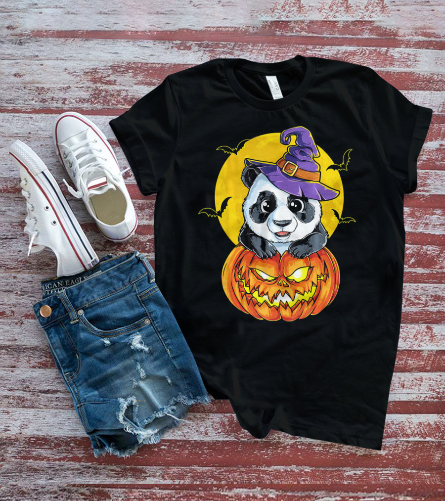 Panda Witch Halloween Pumpkin Moon Bats T-Shirt