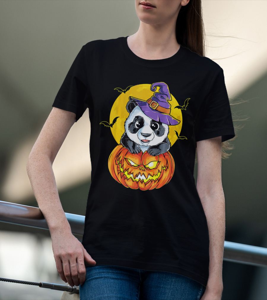 Panda Witch Halloween Pumpkin Moon Bats T-Shirt
