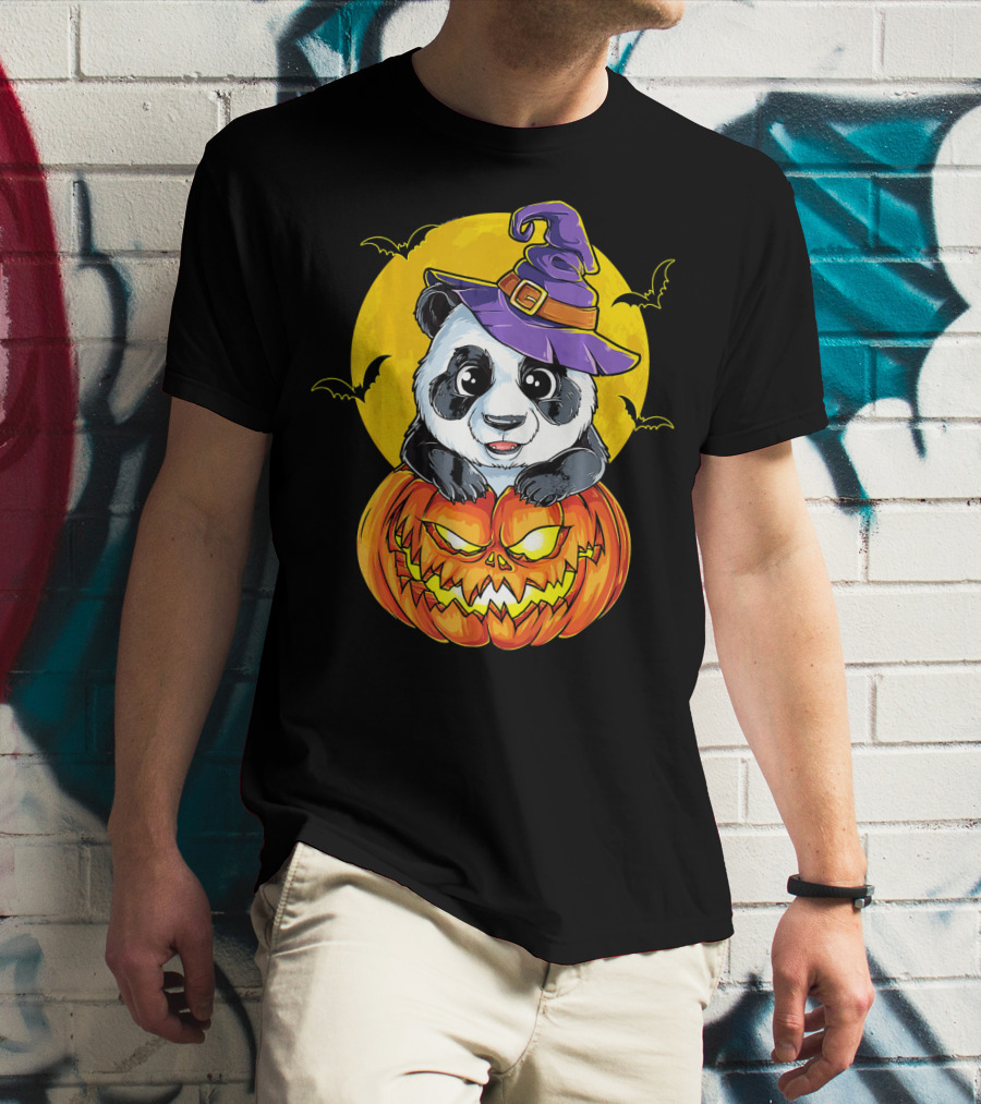 Panda Witch Halloween Pumpkin Moon Bats T-Shirt