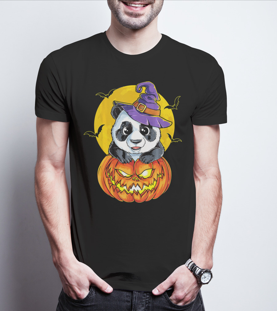 Panda Witch Halloween Pumpkin Moon Bats T-Shirt