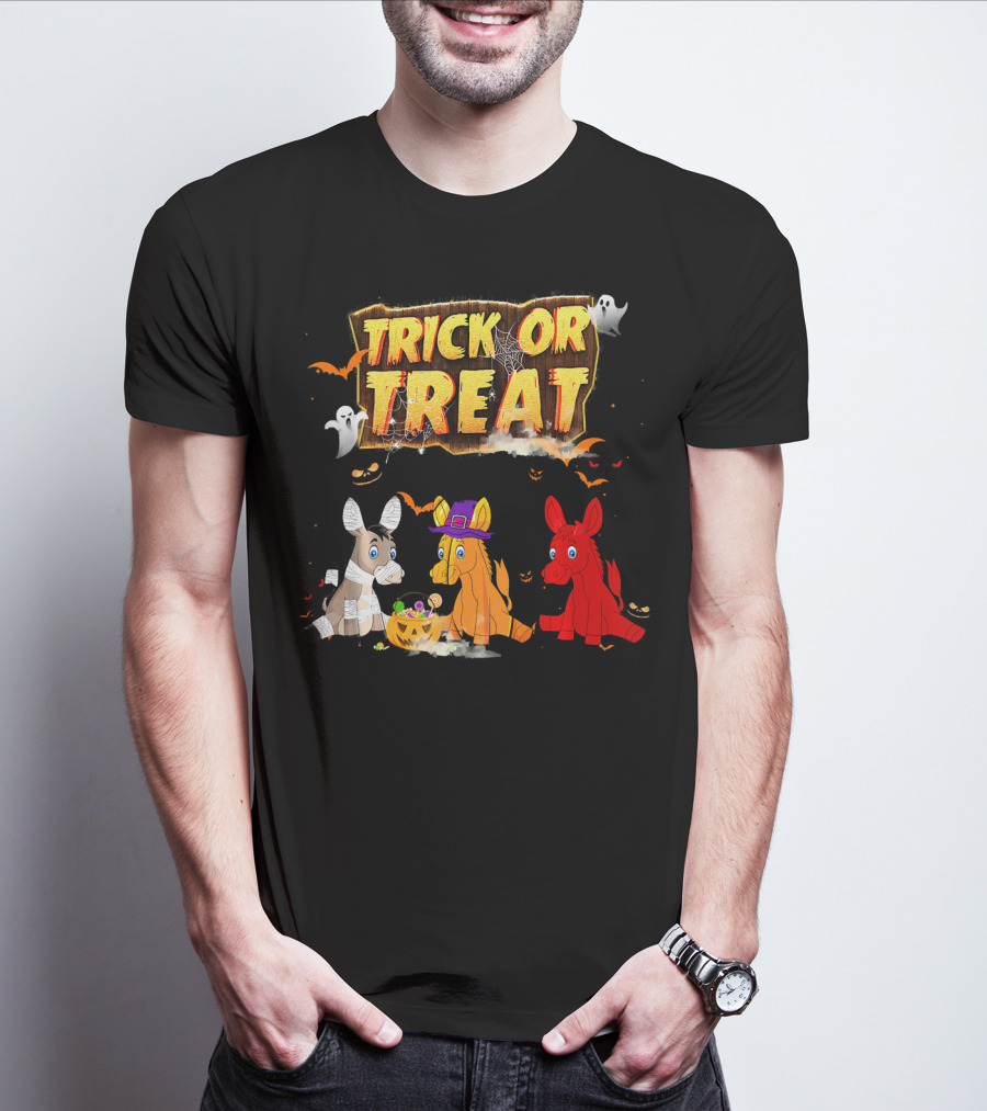 Trick Or Treat Three Donkeys Halloween Candy Pumpkins Ghosts T-Shirt