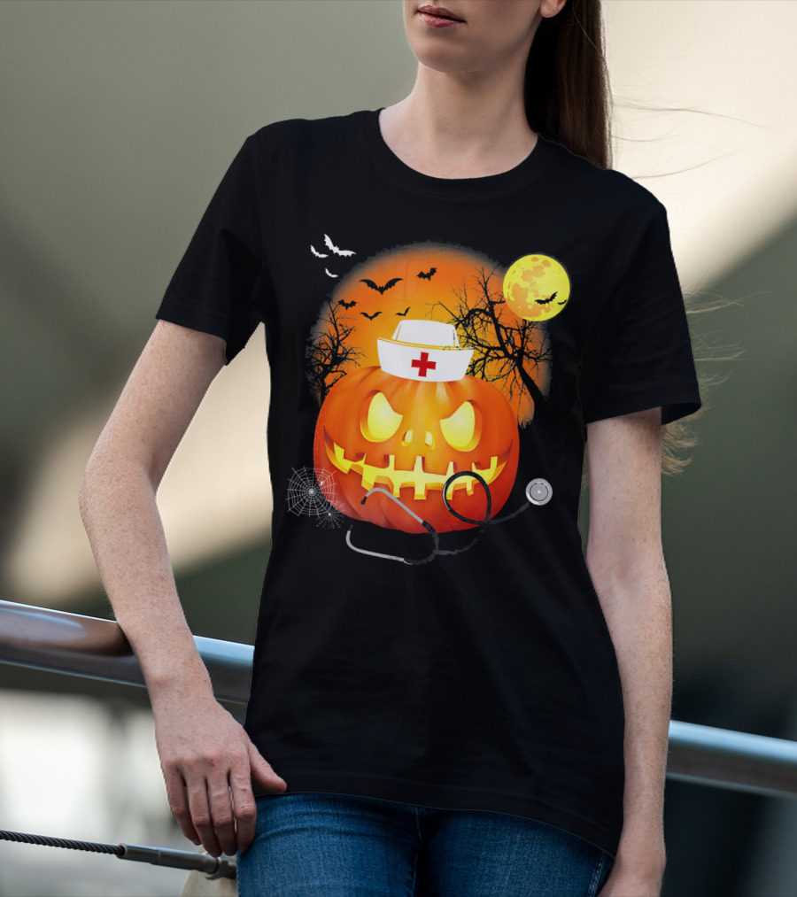 Nurse Halloween Pumpkin With Stethoscope And Bats T-Shirt