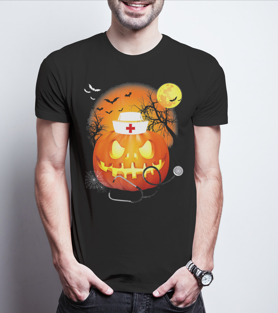 Nurse Halloween Pumpkin With Stethoscope And Bats T-Shirt