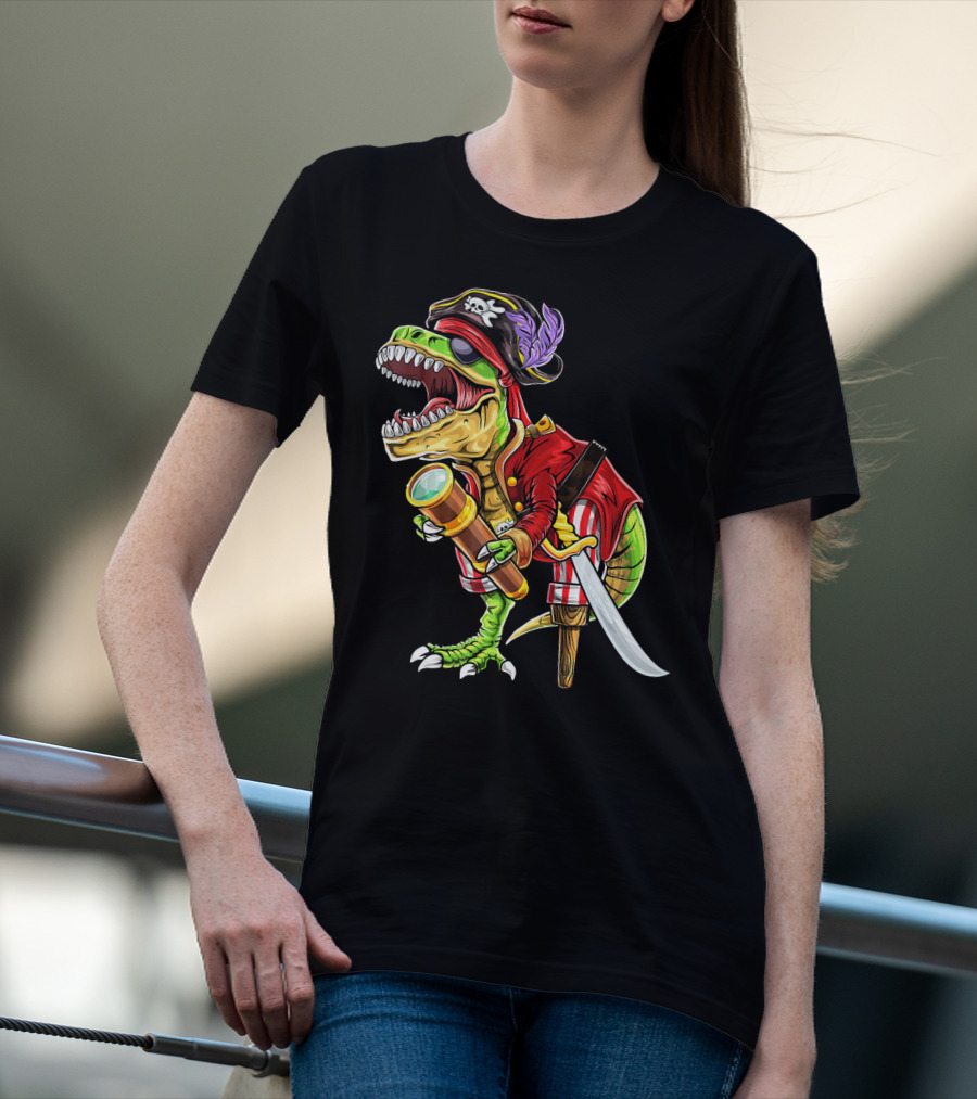 Pirate Dinosaur With Telescope And Peg Leg In Halloween Costume T-Shirt
