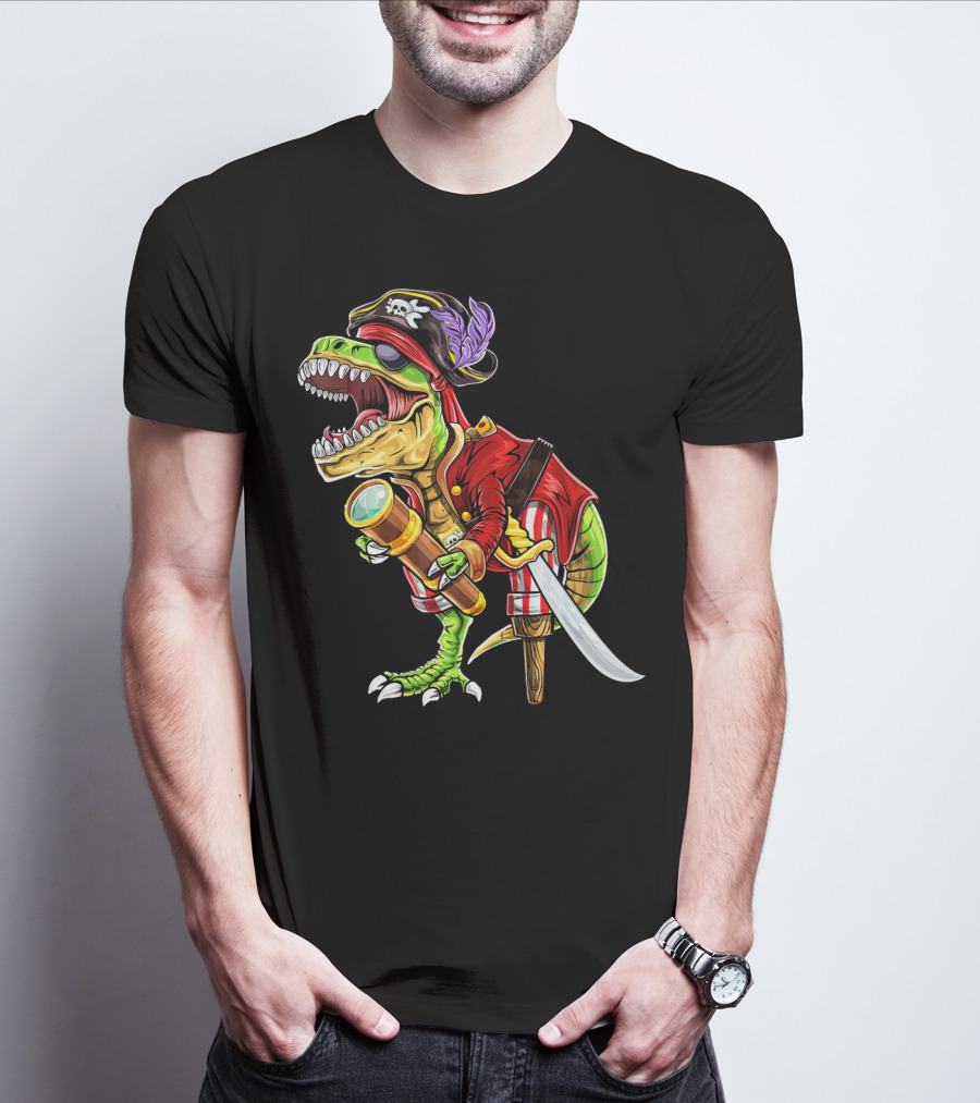 Pirate Dinosaur With Telescope And Peg Leg In Halloween Costume T-Shirt