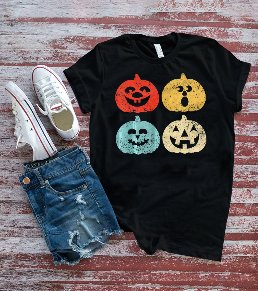 Vintage Halloween Pumpkin Women Retro Colorful Jack-O'-Lantern Faces T-Shirt