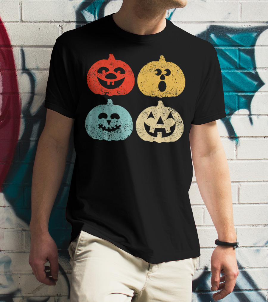 Vintage Halloween Pumpkin Women Retro Colorful Jack-O'-Lantern Faces T-Shirt
