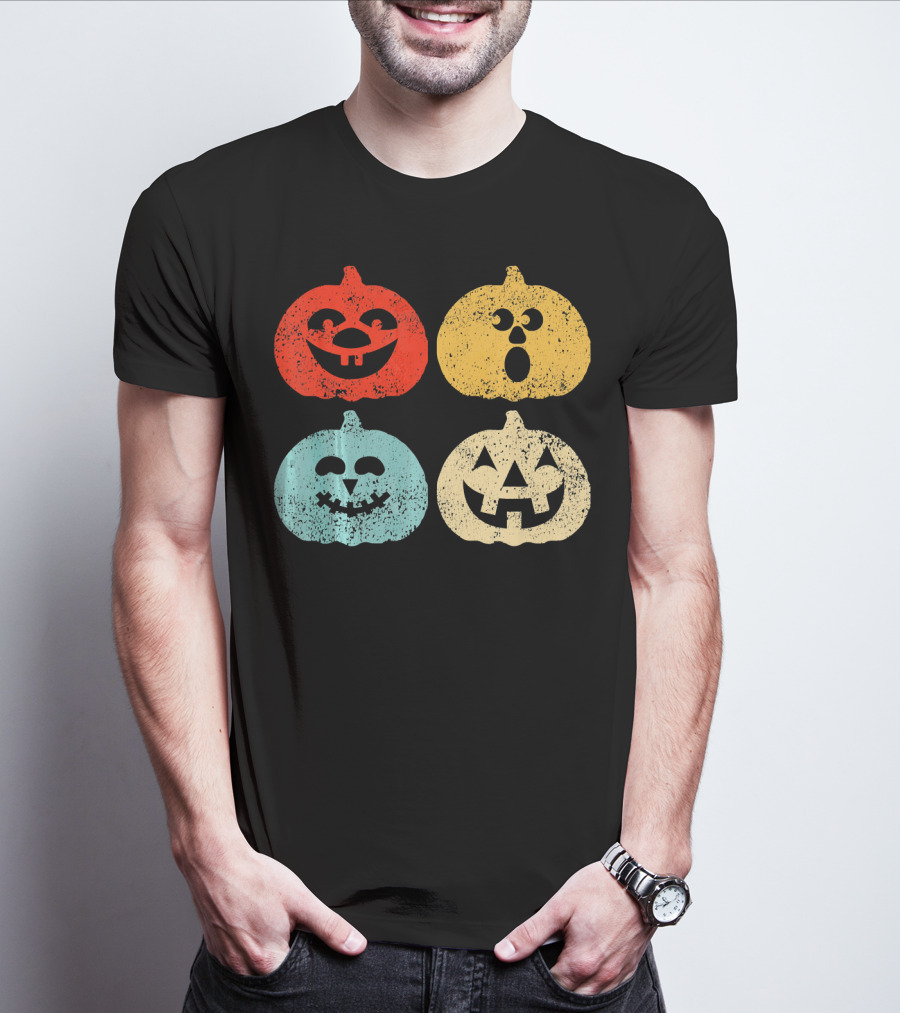 Vintage Halloween Pumpkin Women Retro Colorful Jack-O'-Lantern Faces T-Shirt