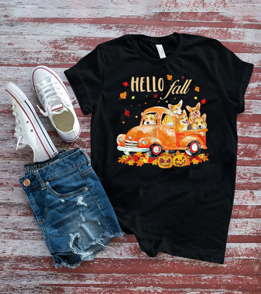 Hello Fall Corgis In Pumpkin Truck With Autumn Leaves And Jack-O'-Lanterns T-Shirt