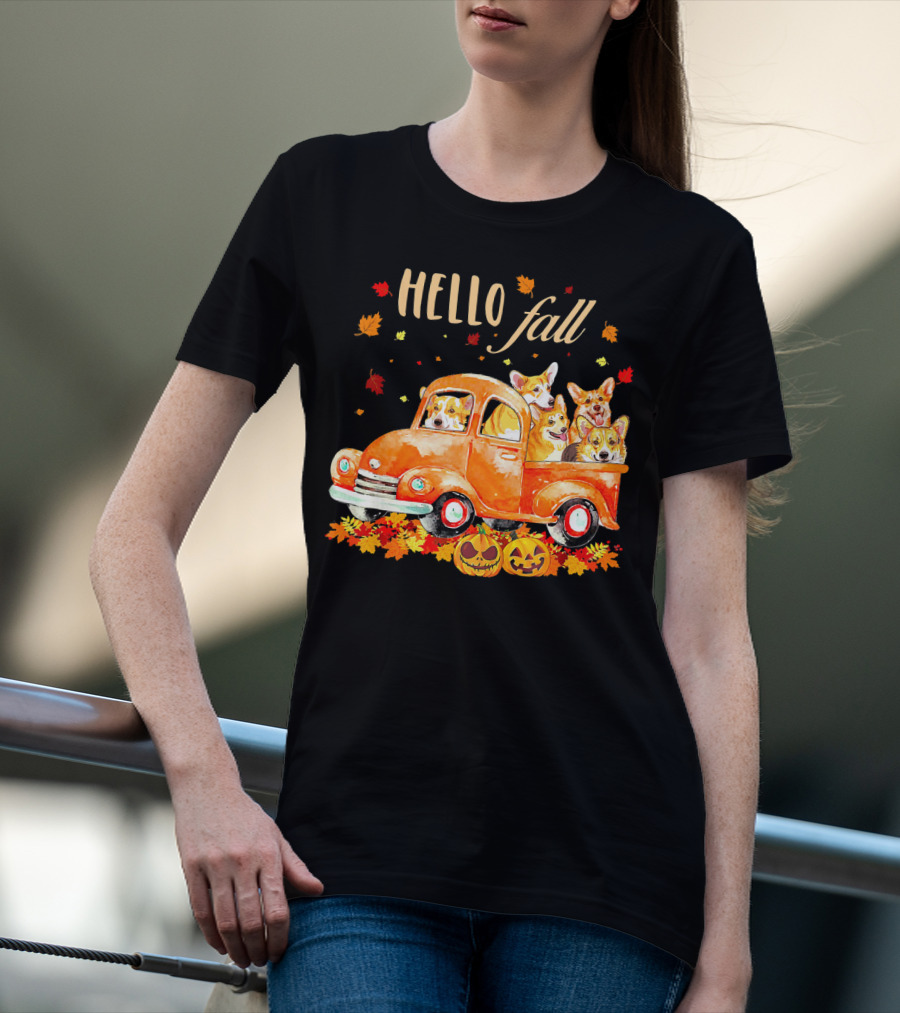 Hello Fall Corgis In Pumpkin Truck With Autumn Leaves And Jack-O'-Lanterns T-Shirt
