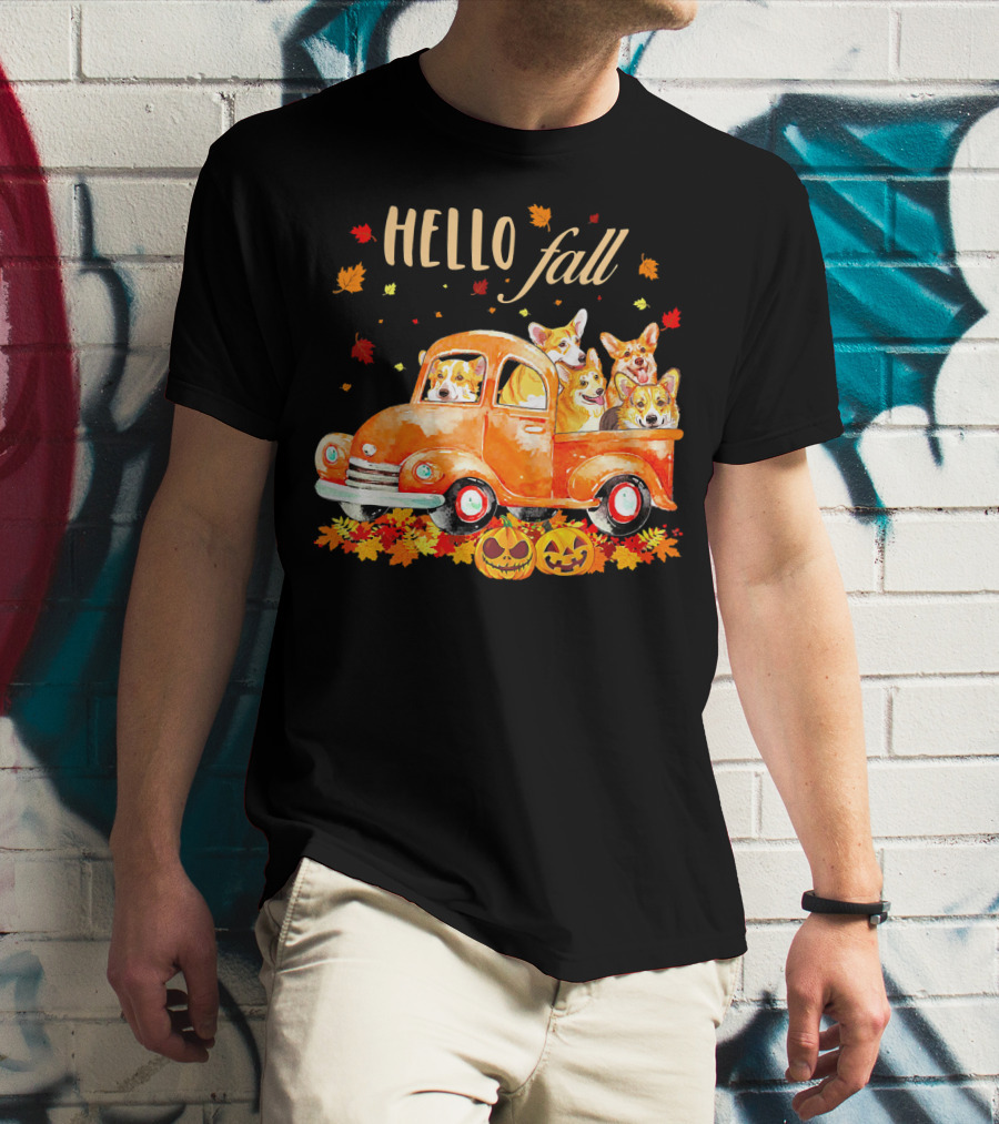 Hello Fall Corgis In Pumpkin Truck With Autumn Leaves And Jack-O'-Lanterns T-Shirt