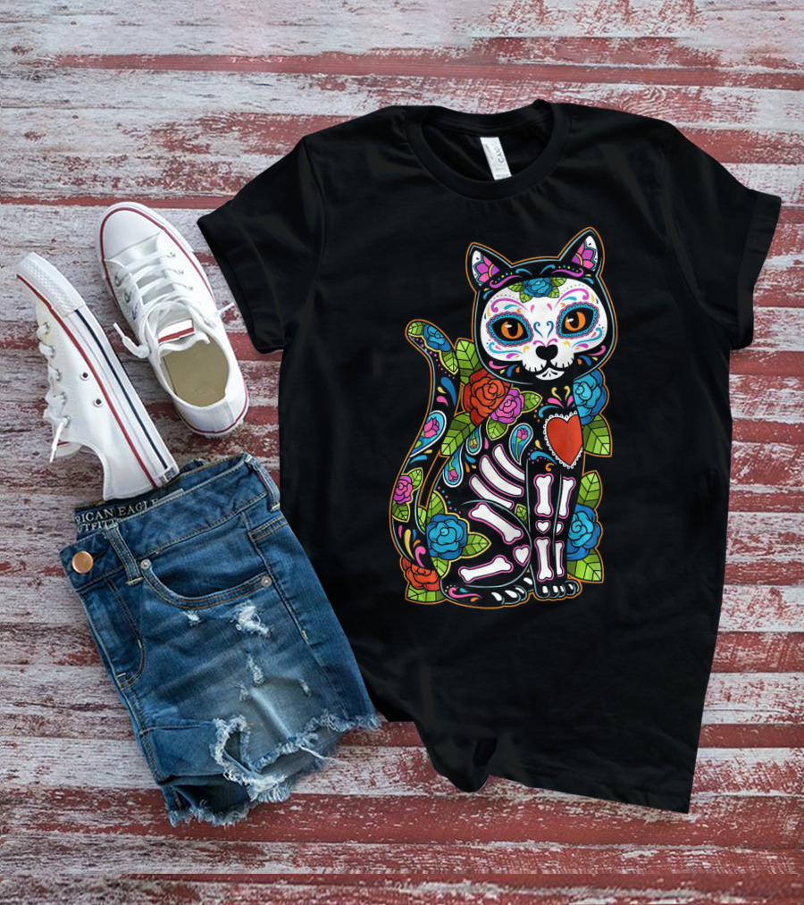 Cat Sugar Skull Calavera Mexico Dia De T-Shirt