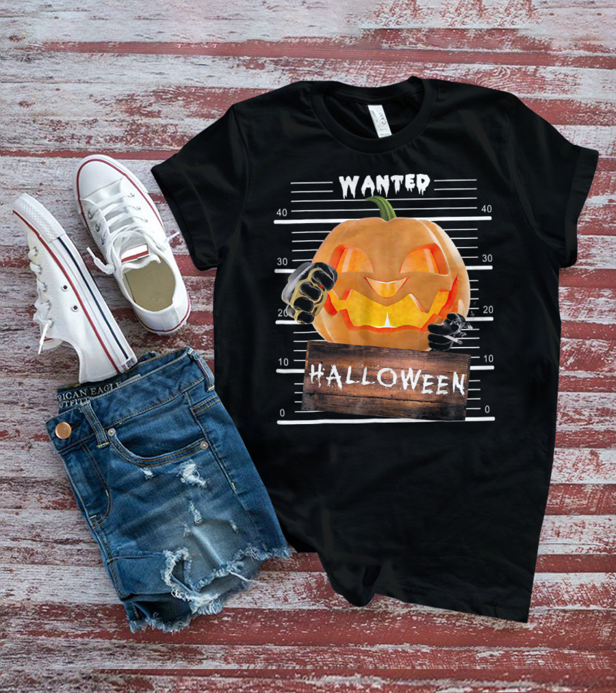 Wanted Halloween Pumpkin Mugshot Funny T-Shirt