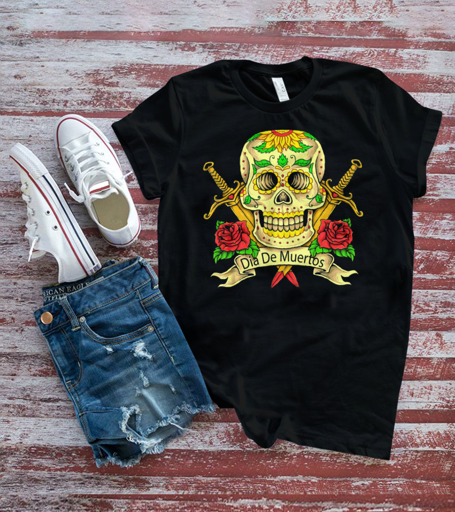 Dia De Muertos Skull With Roses And Swords Celebrating Day Of The Dead T-Shirt