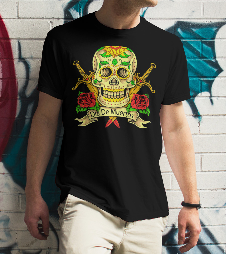 Dia De Muertos Skull With Roses And Swords Celebrating Day Of The Dead T-Shirt