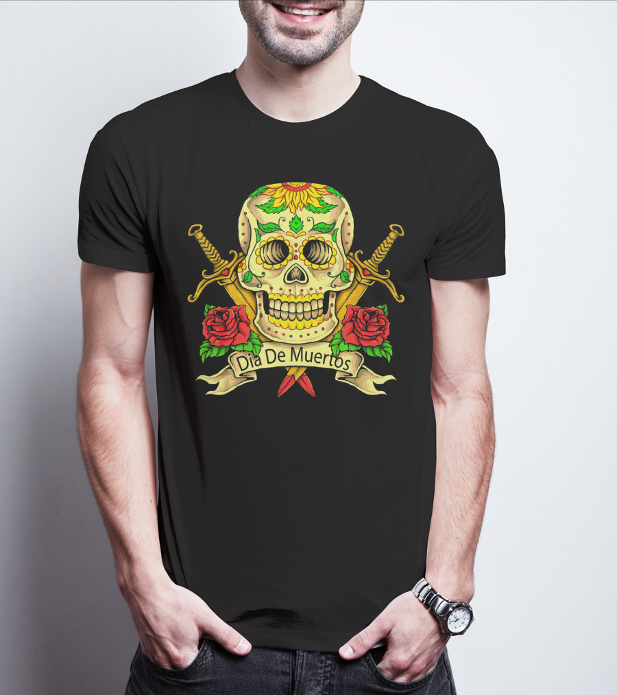 Dia De Muertos Skull With Roses And Swords Celebrating Day Of The Dead T-Shirt