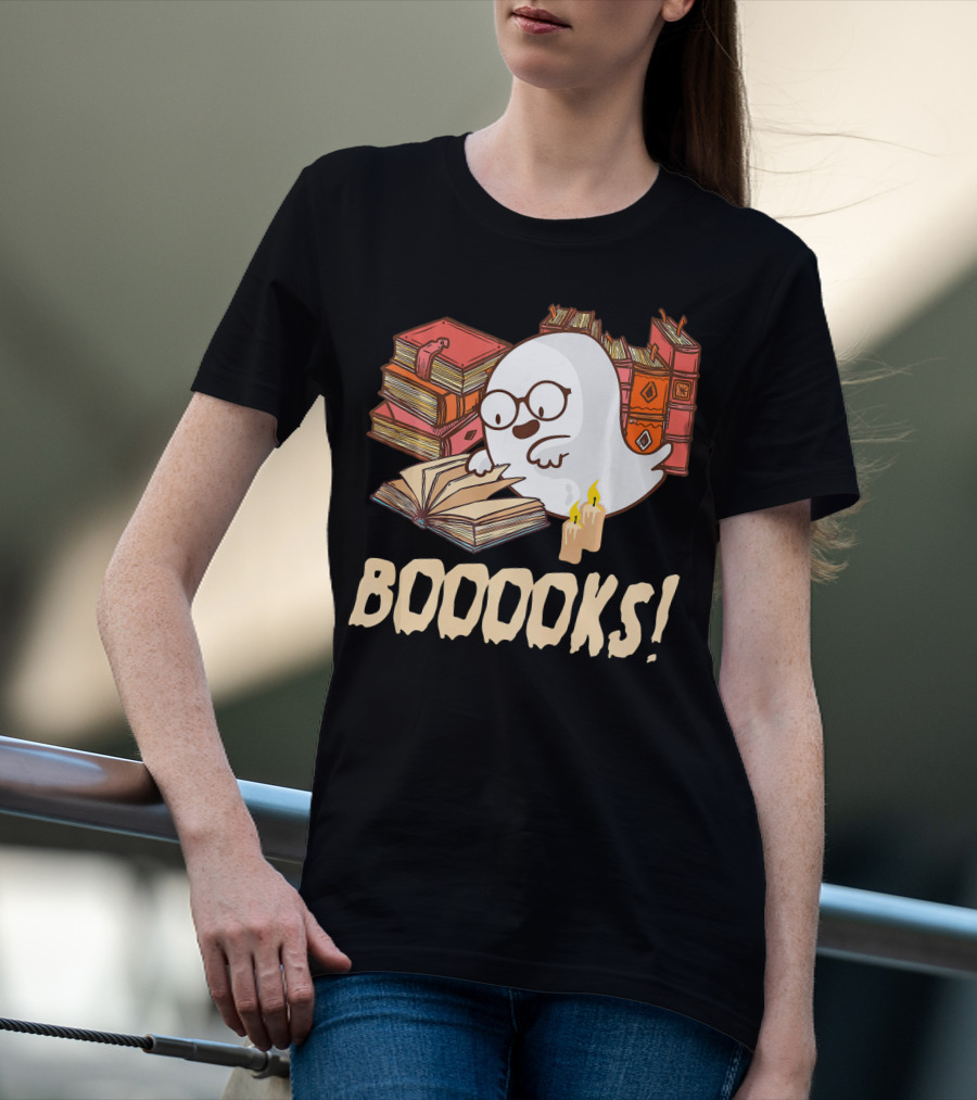 BOOOOKS Cute Reading Boo Ghost With Stacks Of Books And Candles T-Shirt