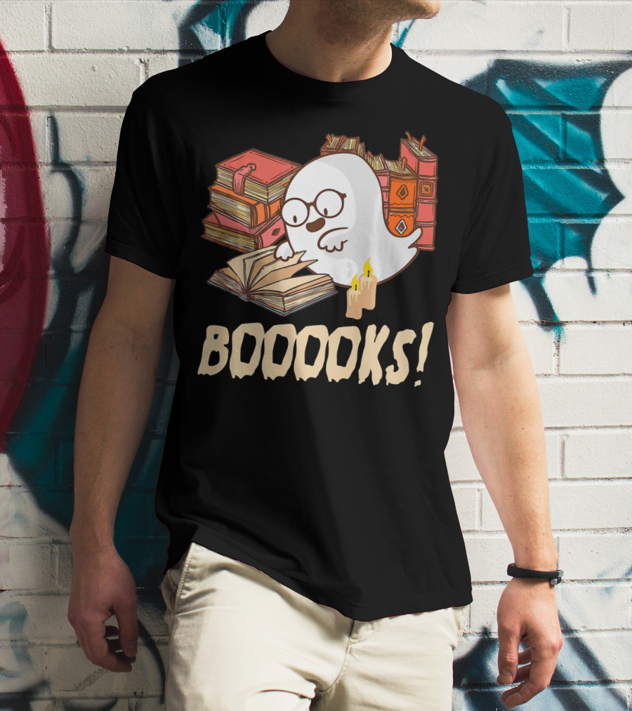 BOOOOKS Cute Reading Boo Ghost With Stacks Of Books And Candles T-Shirt