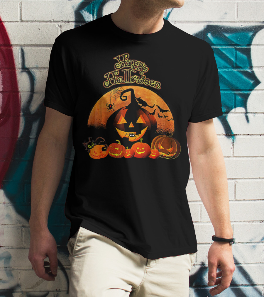 Happy Halloween Pumpkin Black Cat Witch Spider Bats T-Shirt