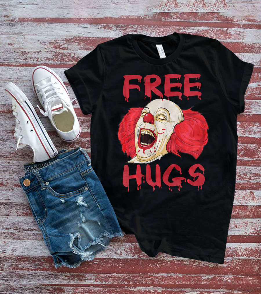 Free Hugs Evil Killer Scary Clown Costume Blood Red Horror T-Shirt