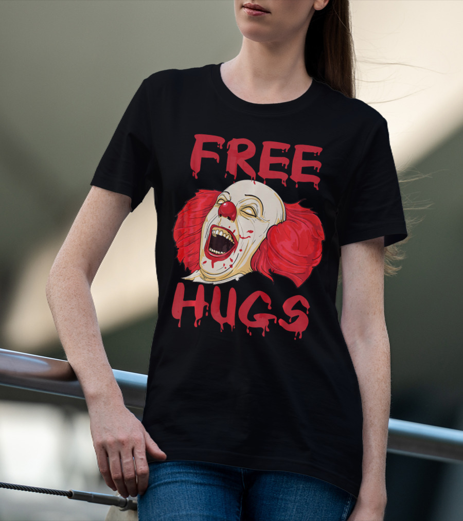 Free Hugs Evil Killer Scary Clown Costume Blood Red Horror T-Shirt