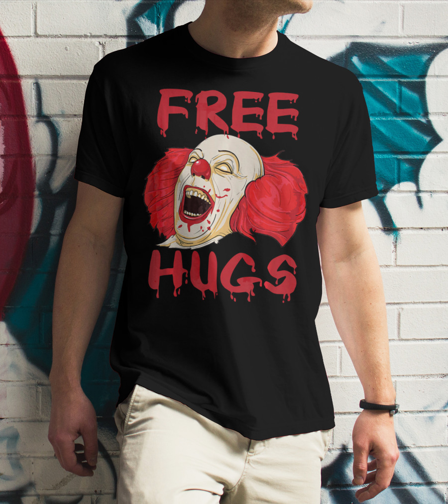 Free Hugs Evil Killer Scary Clown Costume Blood Red Horror T-Shirt