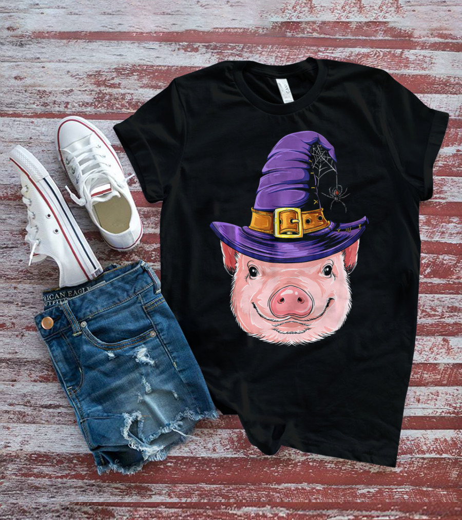 Pig In Witch Hat With Spider And Web Halloween T-Shirt