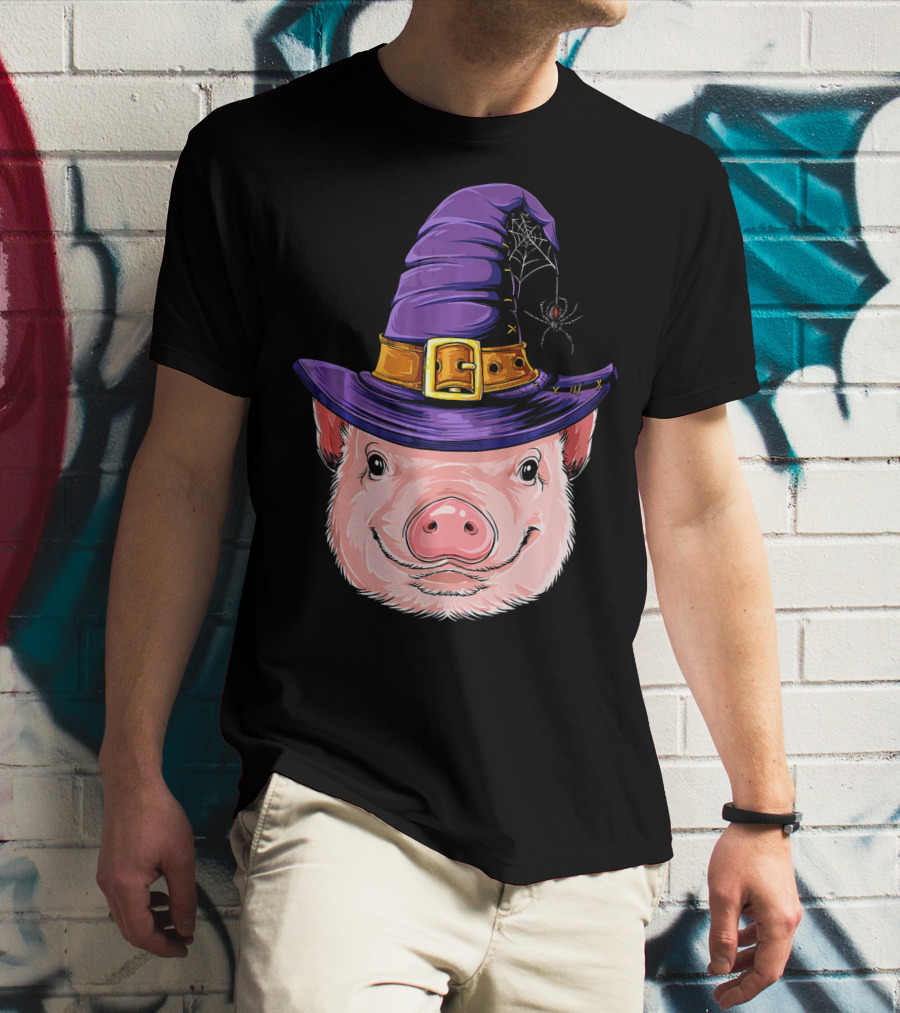 Pig In Witch Hat With Spider And Web Halloween T-Shirt