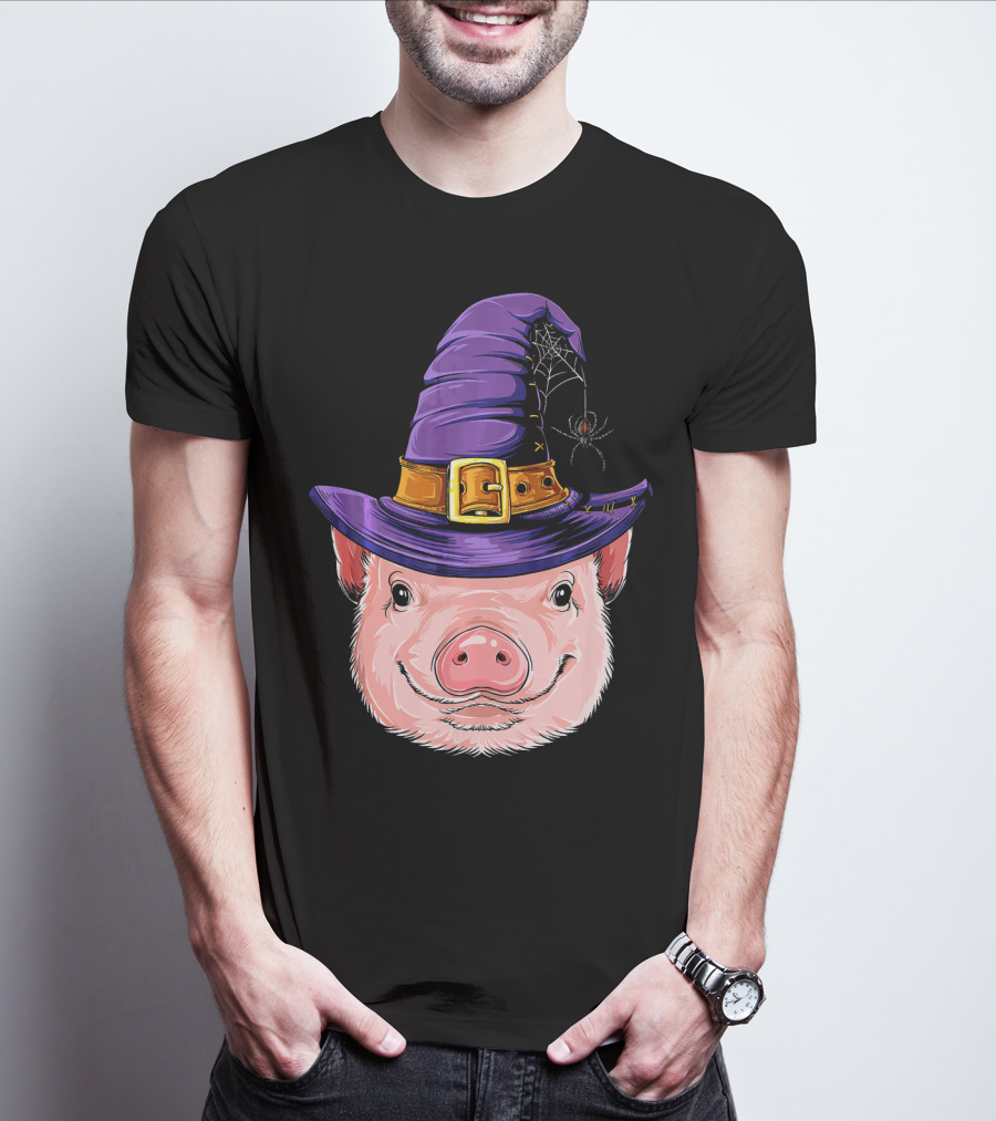 Pig In Witch Hat With Spider And Web Halloween T-Shirt