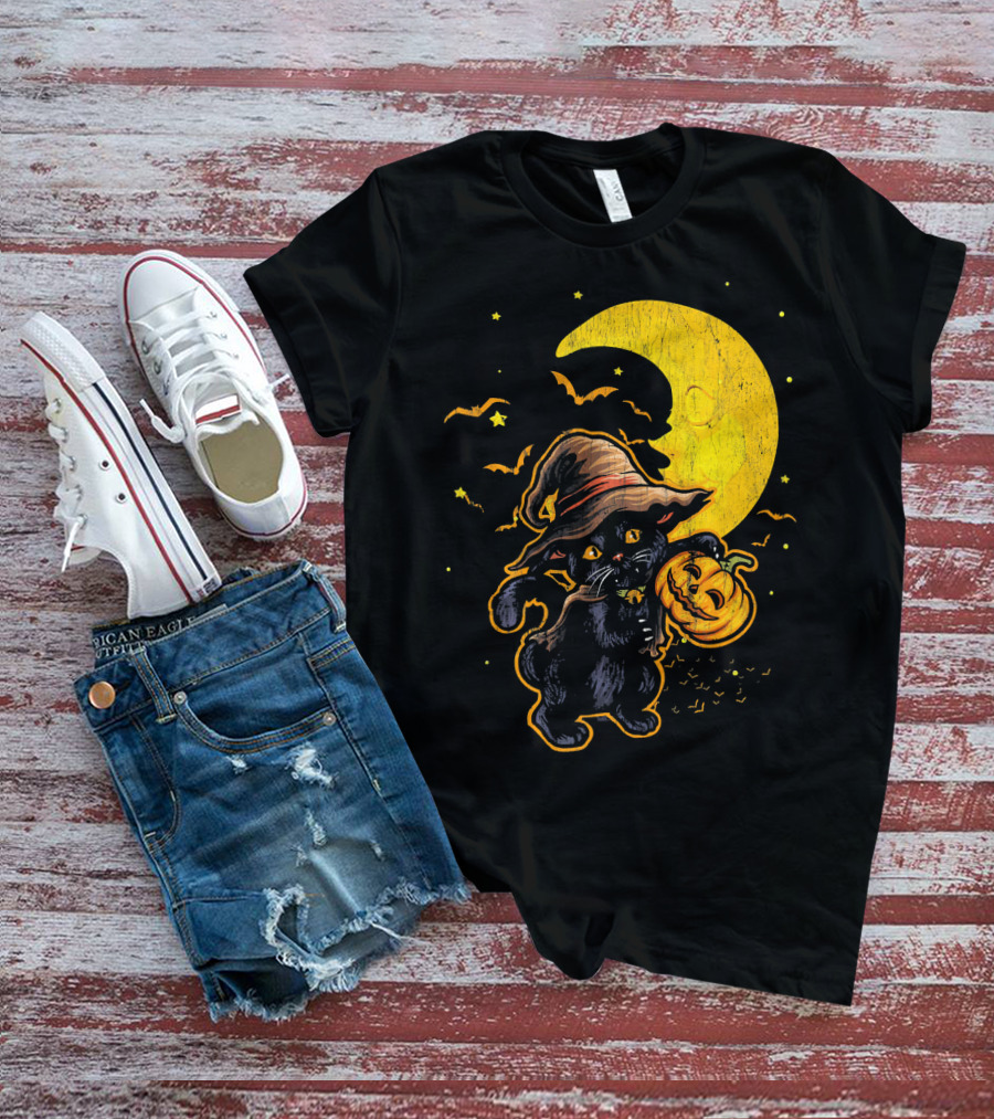 Halloween Black Cat Witch With Pumpkin Under Moon And Bats T-Shirt