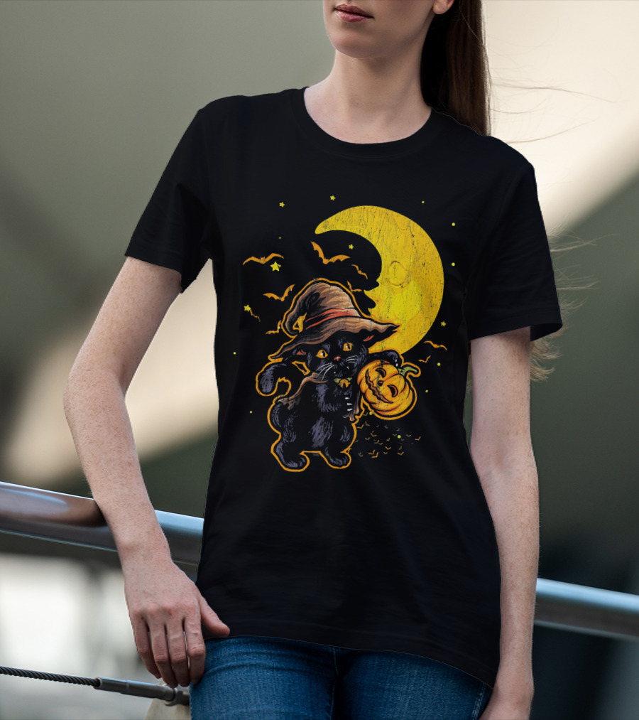 Halloween Black Cat Witch With Pumpkin Under Moon And Bats T-Shirt