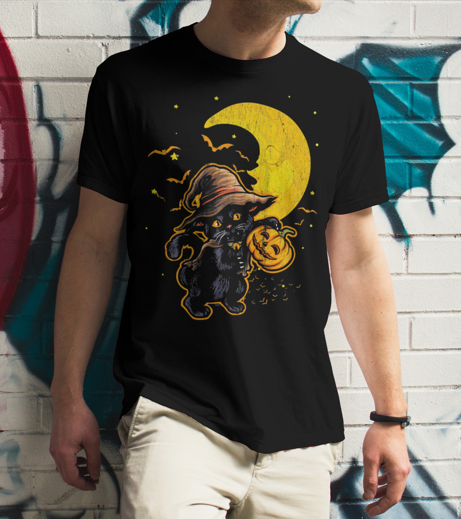 Halloween Black Cat Witch With Pumpkin Under Moon And Bats T-Shirt
