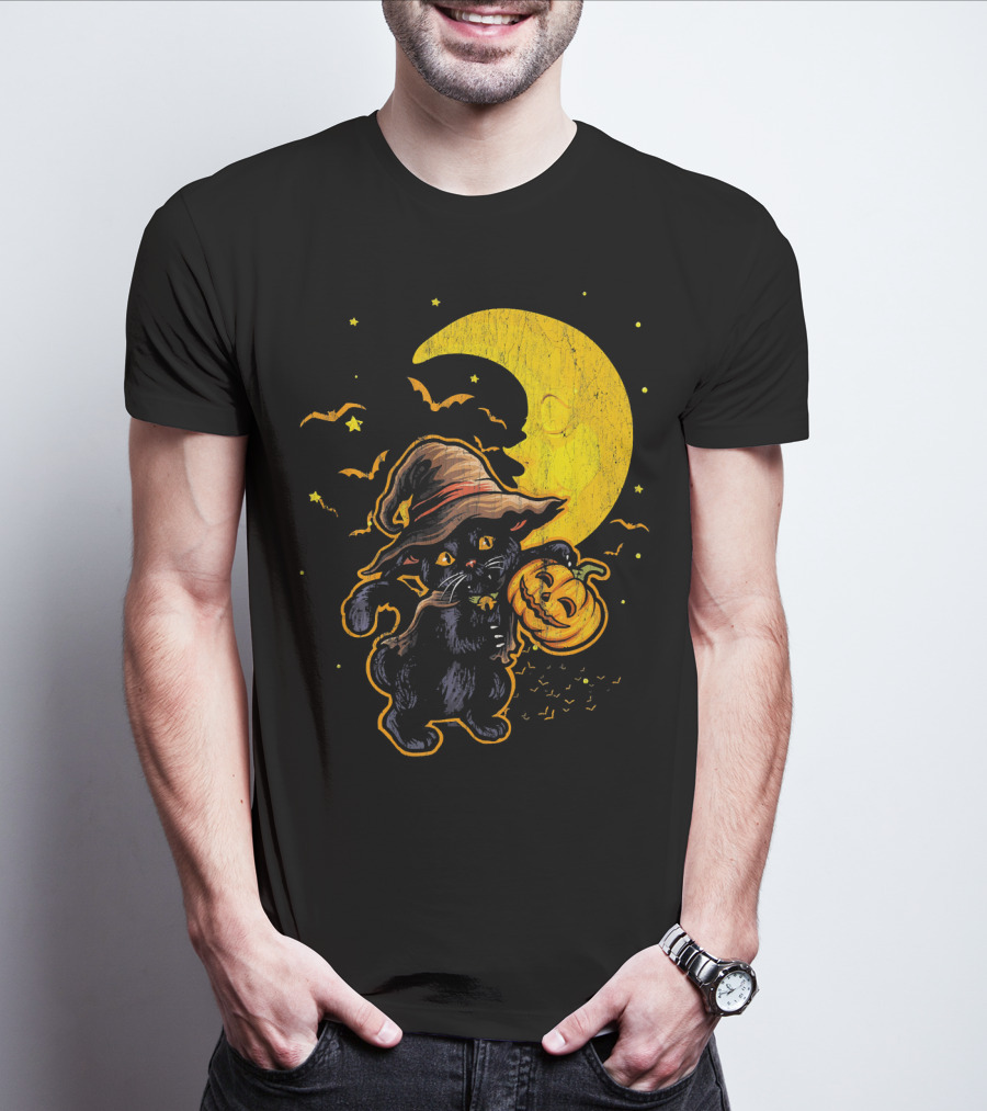 Halloween Black Cat Witch With Pumpkin Under Moon And Bats T-Shirt