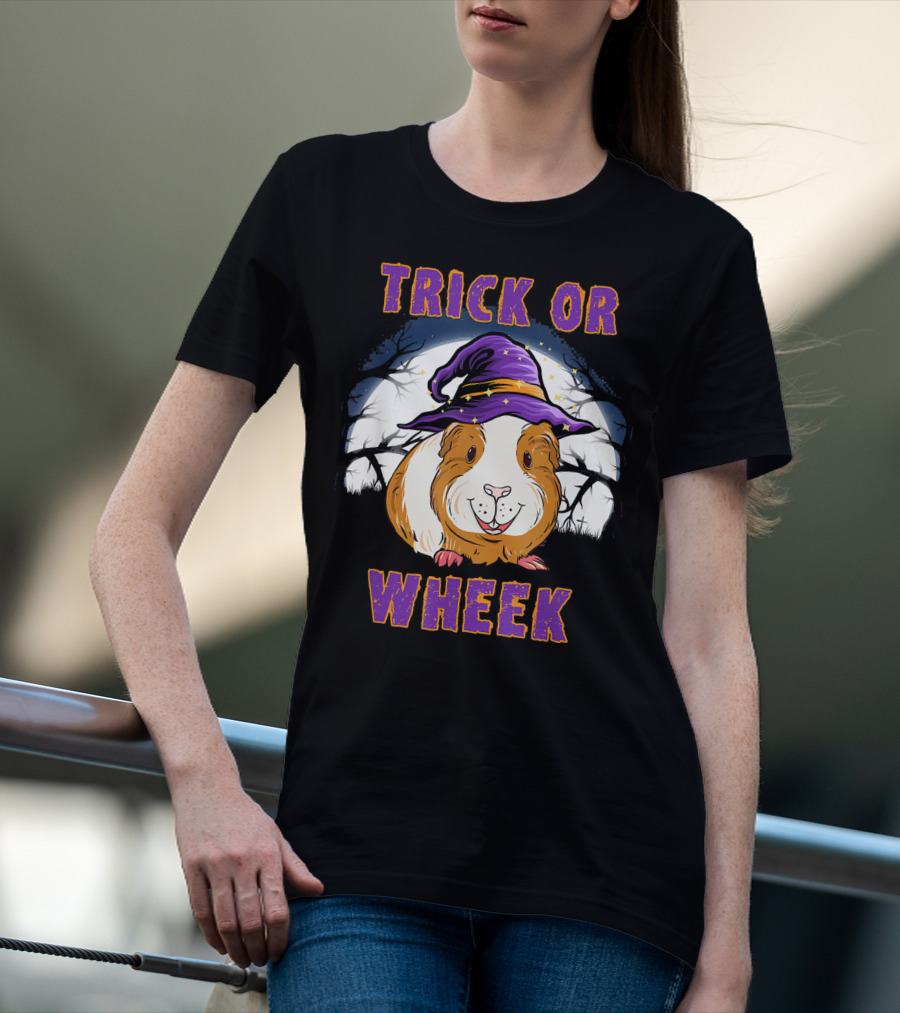 Trick Or Wheek Halloween Guinea Pig With Witch Hat And Moon Background T-Shirt