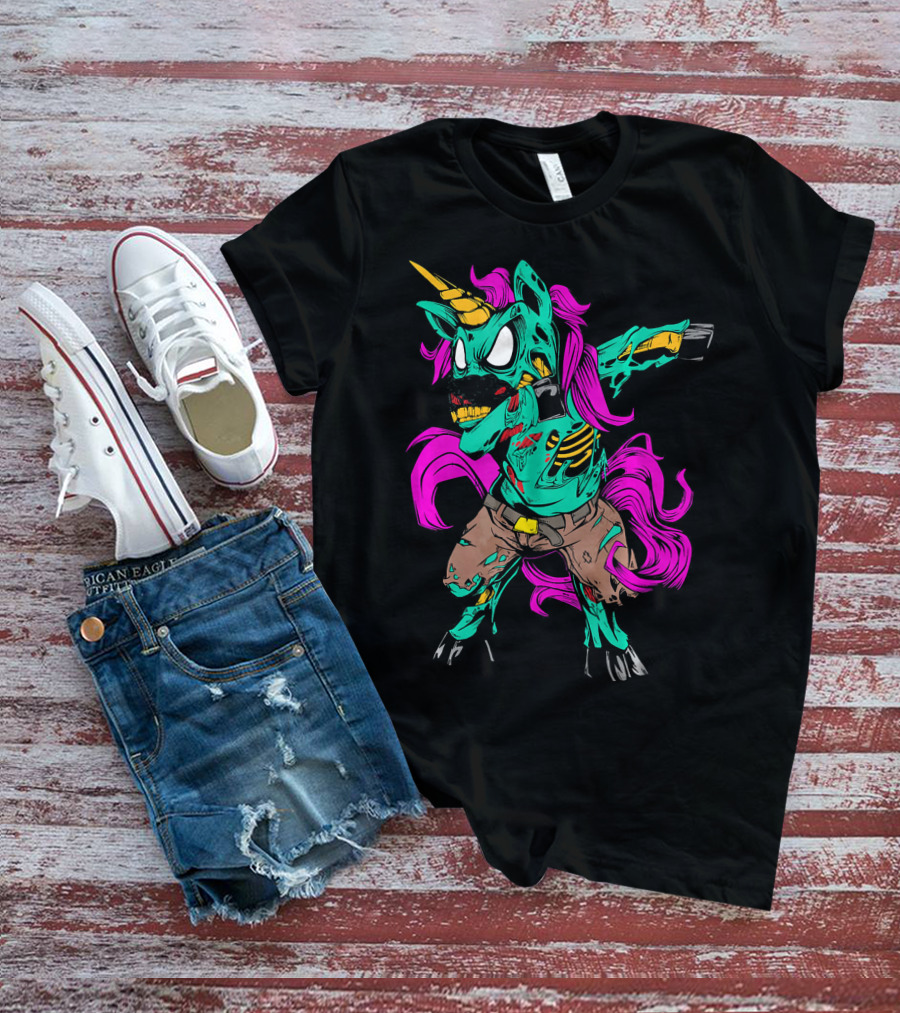 Scary Dabbing Zombie Unicorn With Pink Mane And Torn Clothing T-Shirt