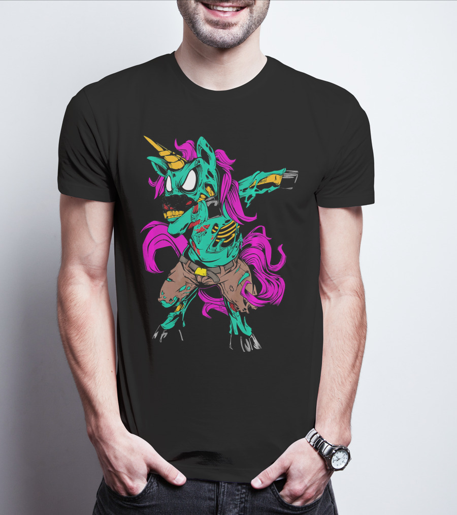 Scary Dabbing Zombie Unicorn With Pink Mane And Torn Clothing T-Shirt
